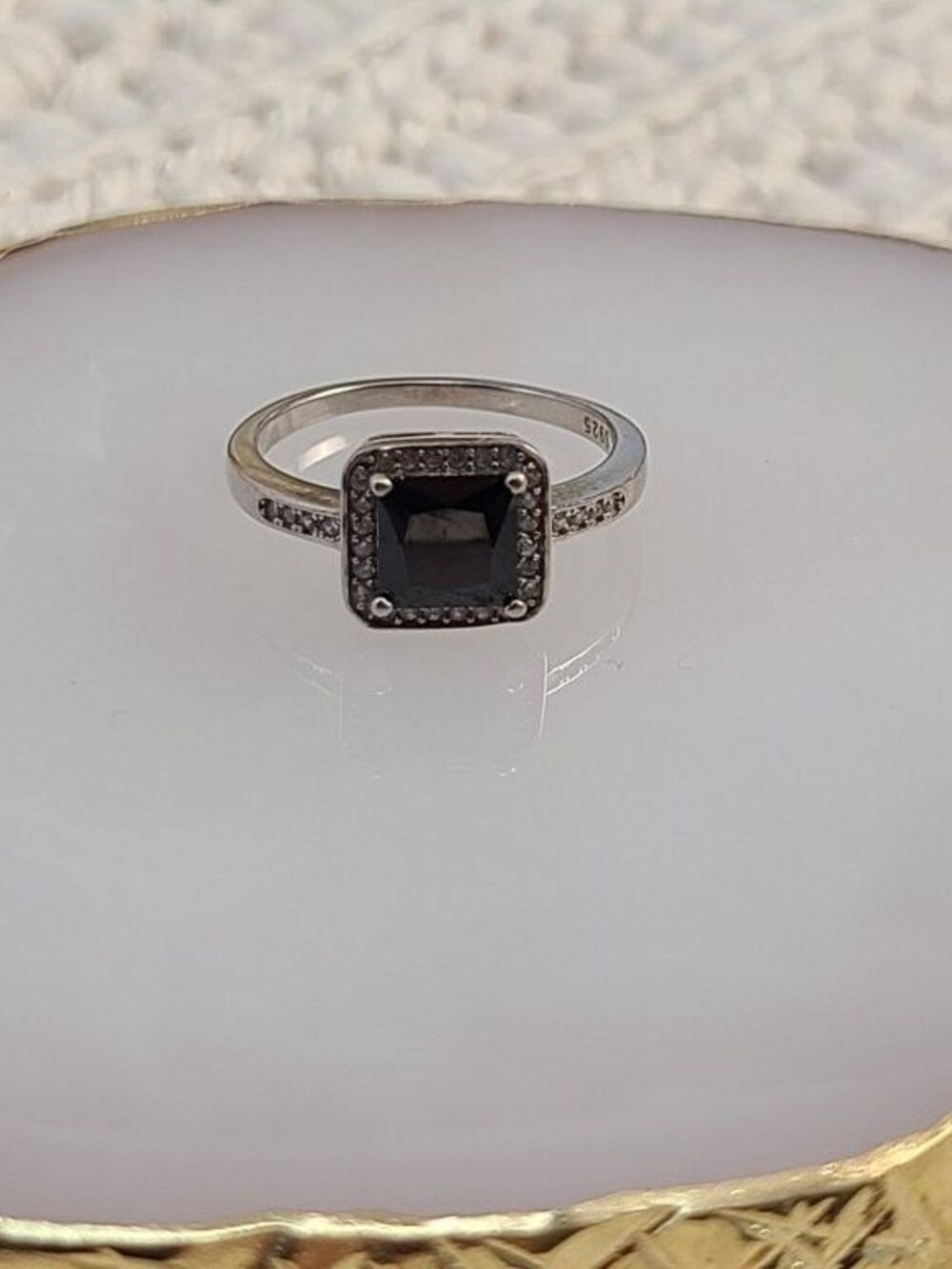 Sterling Silver Black Onyx Ring Size 7 Square Halo Stone 925 Elegant Band - Picture 2 of 8